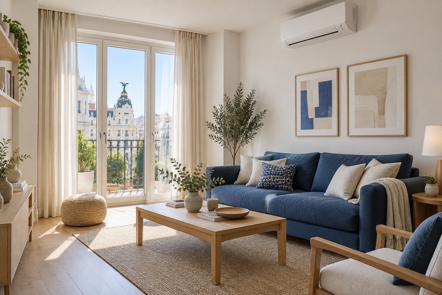 Salón luminoso con aire acondicionado split integrado en la vivienda